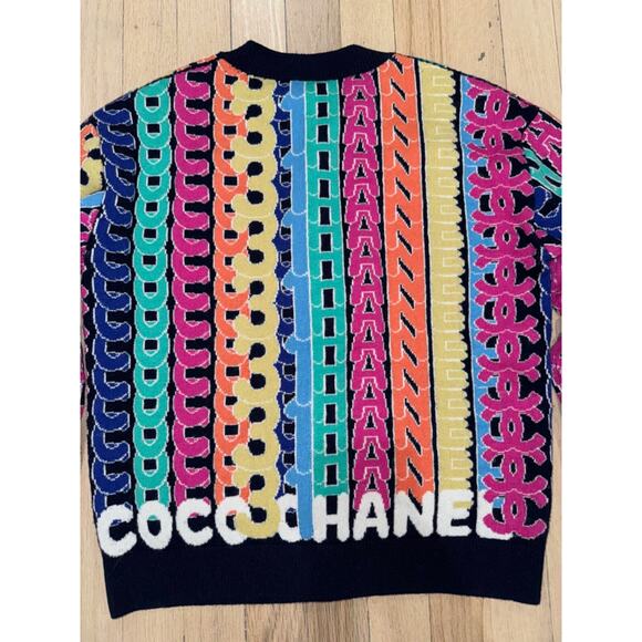 Chanel 21K Blue Rainbow Letter Logo CC Button Long Sleeve Cardigan Sweater 36 - Picture 12 of 15
